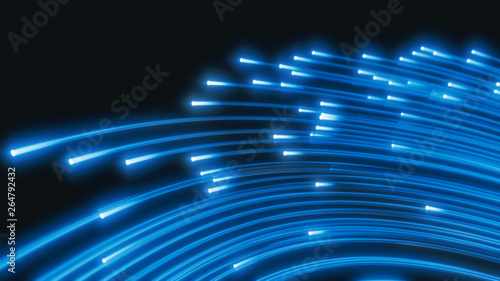 glowing fiber optic strings in dark. 3d illustration
