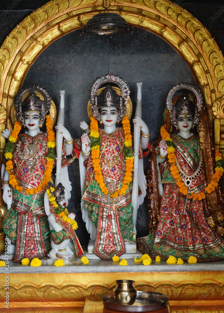 marble stone carved statues of  Indian gods Rama,Lakshmana,Hanuman and Goddess sita in a temple