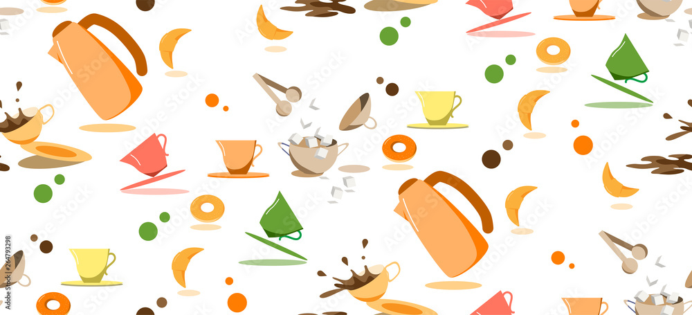 Seamless pattern with tea coffee setting in bright colors. Seamless pattern with tea coffee setting in bright colors.