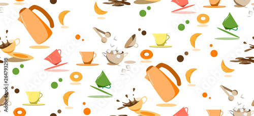 Seamless pattern with tea coffee setting in bright colors.