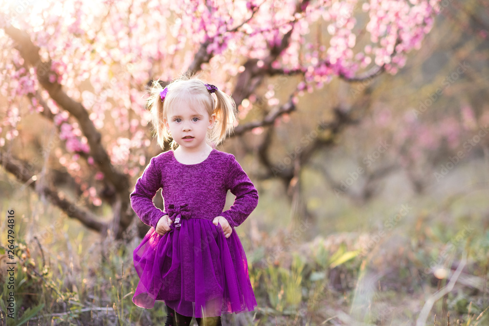 Cute baby girl 1-2 year old wearing purple dress standing over blooming peach tree outdoors. Looking at camera. Summer time. Cute baby girl 1-2 year old wearing purple dress standing over blooming peach tree outdoors. Looking at camera. Summer time.