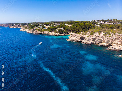 Aerial view, secluded cove Cala Falco or Cap de Falco and Cala Bella Donna with rugged cliffs, Sol de Mallorca, Cala Vinyes and Calvia, Mallorca, Balearic Islands, Spain