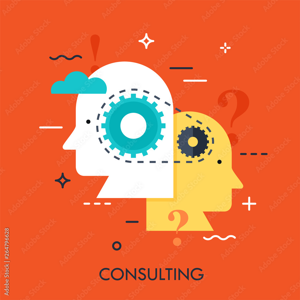 Obraz premium Two heads connected with each other by chain and gear. Consulting business concept. Mentoring icon. Vector illustration in flat style for website, banner, poster, presentation.