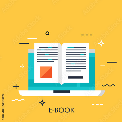 Electronic book icon, digital reading concept, internet learning, e-book library, online magazine. Vector illustration in flat style for website, banner, header, advertisement, presentation.