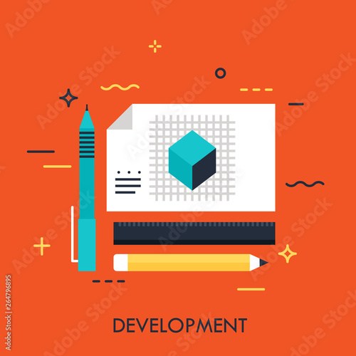 Pen, pencil, ruler and engineer drawing flat design banner, usage for development, designing, engineering. Modern style logo vector illustration concept.