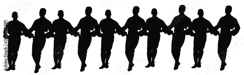 Balkan Dancers silhouette, vector illustration isolated on white background. Folk dance kolo in east Europe.  Traditional wedding dance. Dancing man silhouette