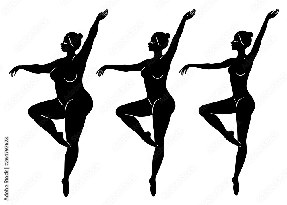 Collection. Silhouette of a cute lady, she is dancing ballet. A woman is overweight. The girl is plump, slim, thin. Woman ballerina, gymnast. Vector illustration set Collection. Silhouette of a cute lady, she is dancing ballet. A woman is overweight. The girl is plump, slim, thin. Woman ballerina, gymnast. Vector illustration set