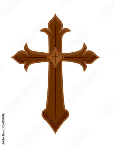 wooden catholic cross isolated icon