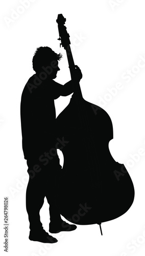 Man on street vector silhouette illustration playing contra-bass. Music man standing on the concert event. Contra bass artist. Classic music instrument event. Music street performer.