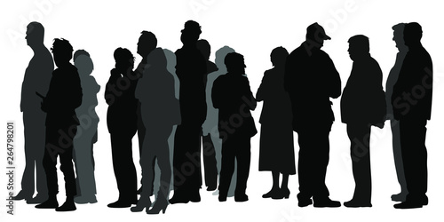 Group of people waiting in line vector silhouette isolated on white background. Black Friday, crowd in front of market or ATM machine. Nervous people are waiting for the bank opening. Refugees border.