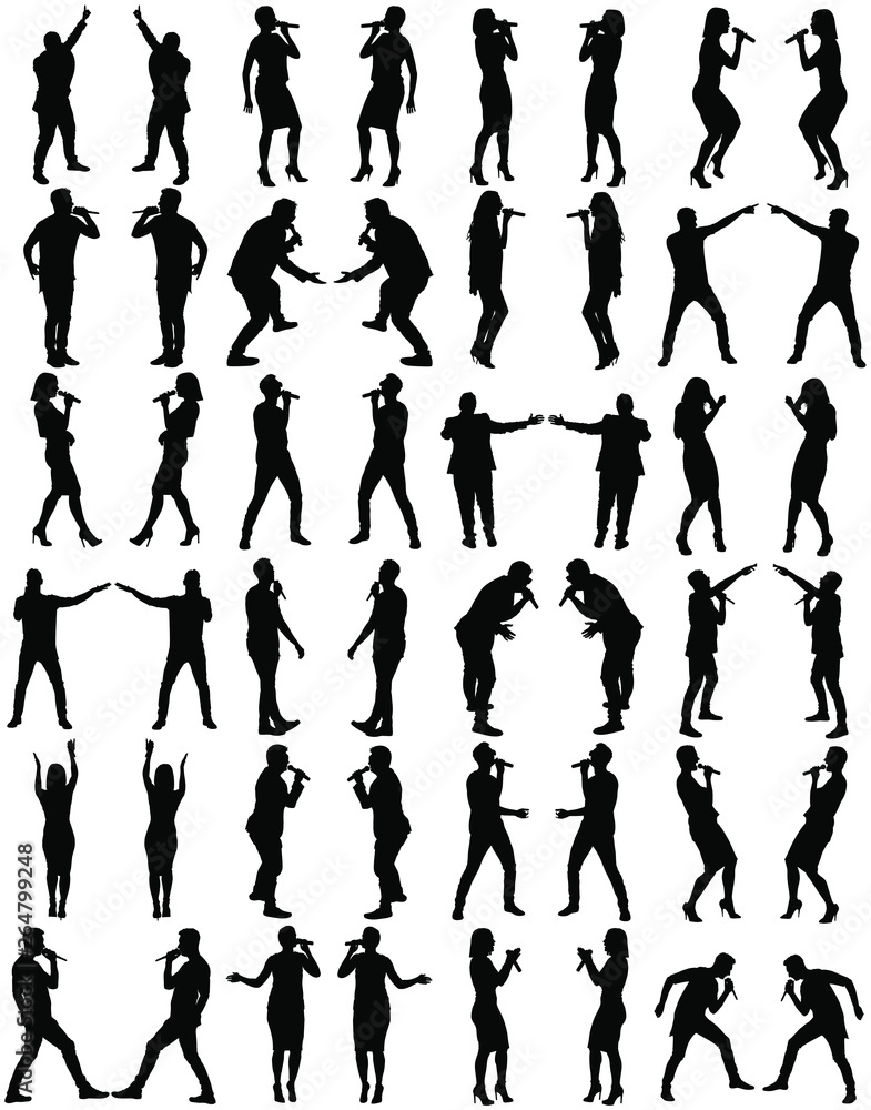 Popular singer super star vector silhouette illustration isolated on white background. Attractive music artists on the stage big group. Singer woman, girl, man, boy artist against public on concert.