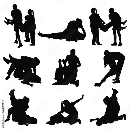 Paramedic rescue patient first aid vector silhouette. Woman in unconscious drowning. Drunk person overdose. Snake attack victim rescue. CPR rescue team. Victim of fire evacuation. Earthquake rescue 