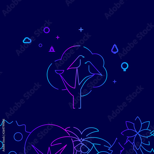 Bird Family with Nest on the Tree Vector Line Icon, Illustration on a Dark Blue Background. Related Bottom Border