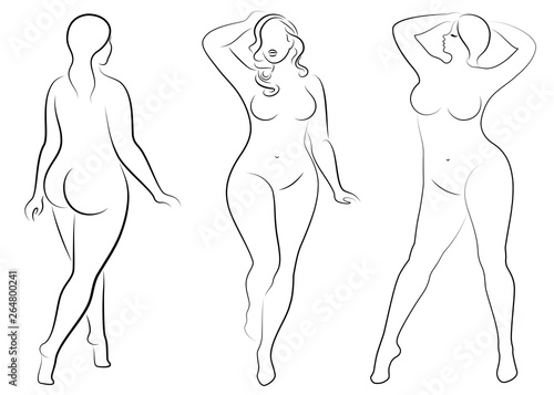 Vector illustration of overweight woman silhouettes. Black and white, differrent poses