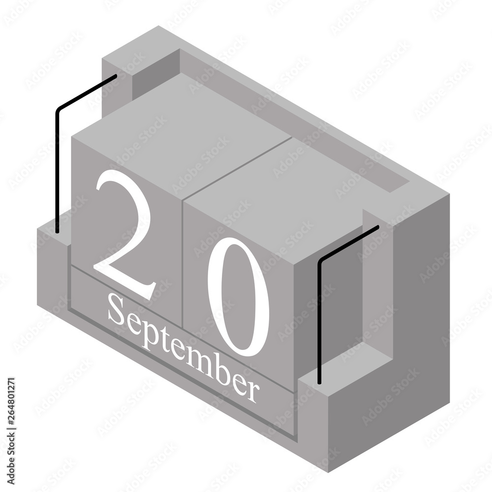 September 20th date on a single day calendar. Gray wood block calendar present date 20 and month September isolated on white background. Holiday. Season. Vector isometric illustration