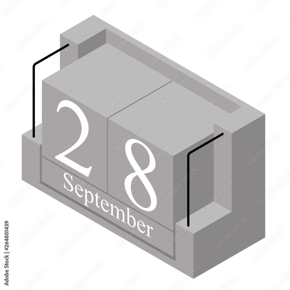 September 28th date on a single day calendar. Gray wood block calendar present date 28 and month September isolated on white background. Holiday. Season. Vector isometric illustration September 28th date on a single day calendar. Gray wood block calendar present date 28 and month September isolated on white background. Holiday. Season. Vector isometric illustration