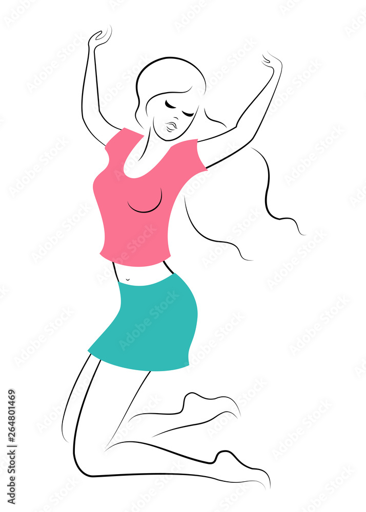 Silhouette of a sweet lady. The lady is happy, jumping for joy, raised her hands. The woman is young and slim. Vector illustration