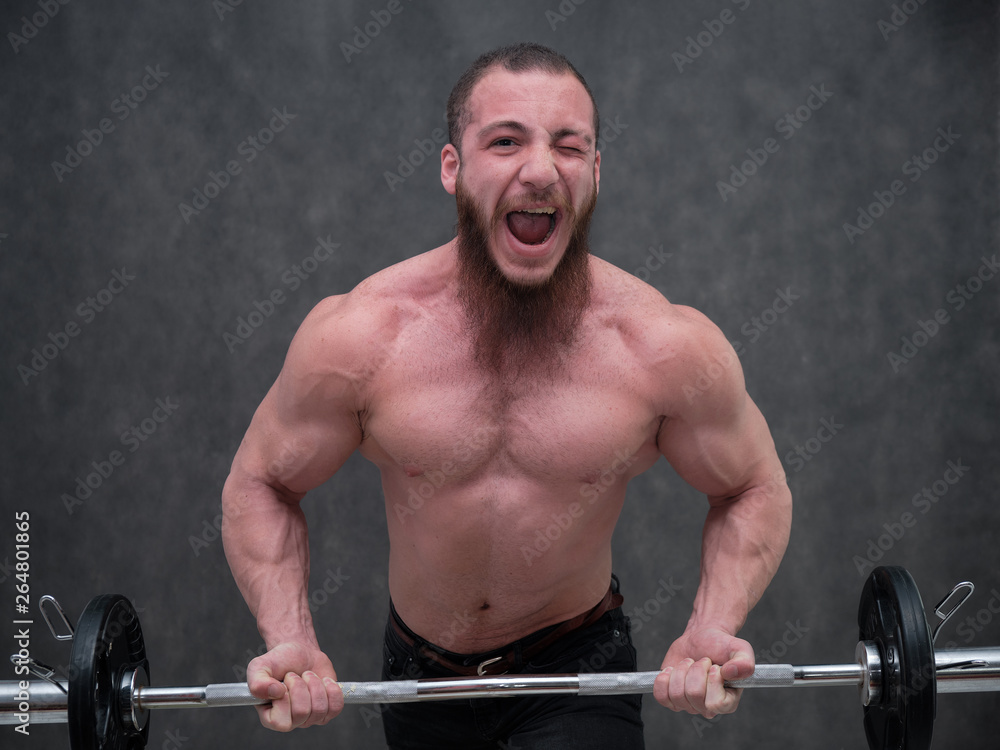 Young brutal man with a beard, bodybuilder with a naked torso posing, talking on a gray background in the studio with a barbell. Beautiful male body. Concept art. Young brutal man with a beard, bodybuilder with a naked torso posing, talking on a gray background in the studio with a barbell. Beautiful male body. Concept art.