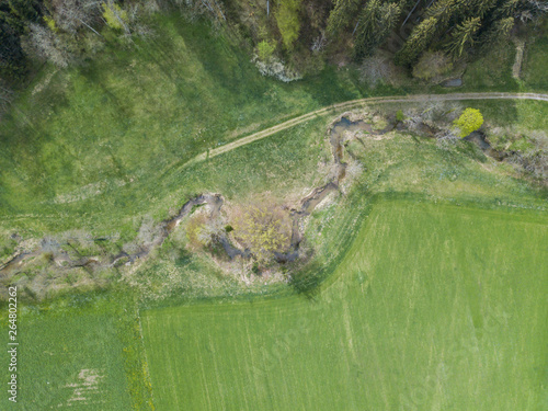 Aerial view of idyllic river meandering through green meadow