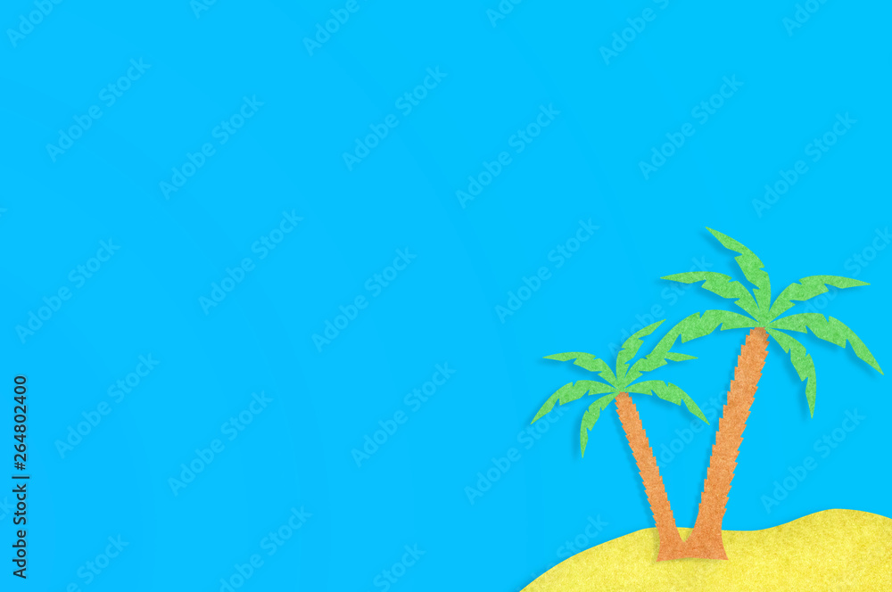 Two palm trees with leaves and yellow island cut out from paper on blue table. Top view. Minimalism concept - Image. Copy space for your text