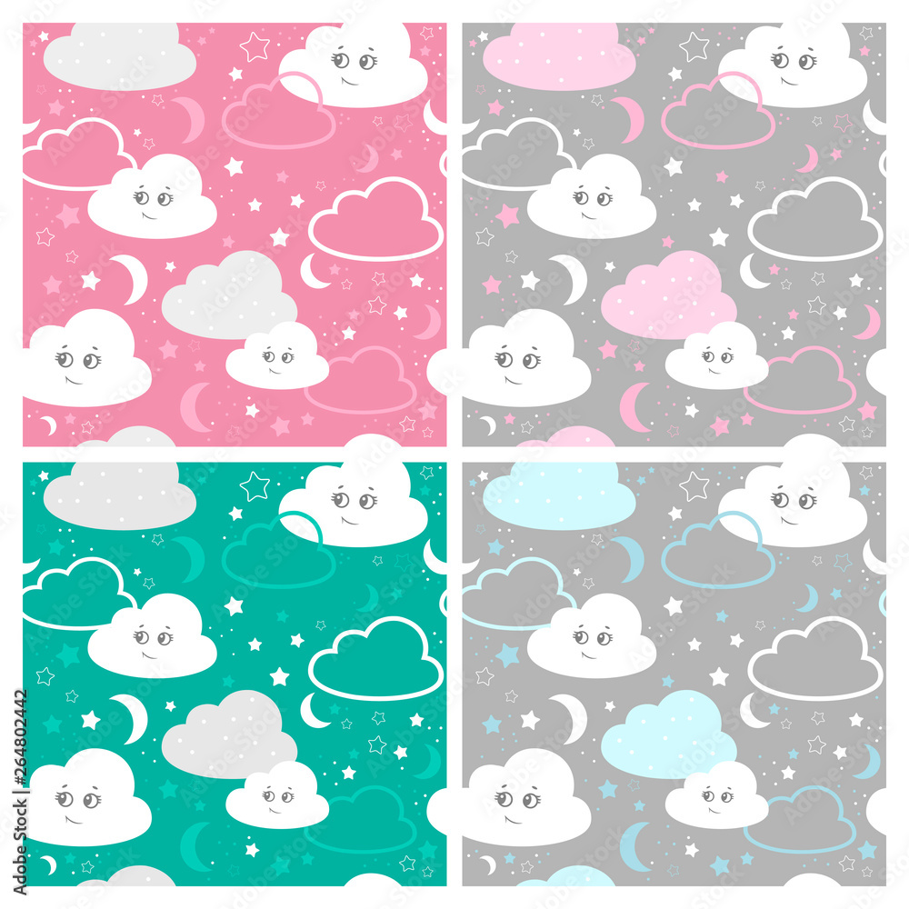 set children seamless pattern with cute clouds, stars. vector illustration baby seamless pattern set children seamless pattern with cute clouds, stars. vector illustration baby seamless pattern