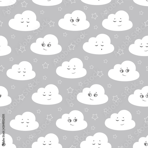 Children seamless pattern with cute clouds, stars on a gray background. vector illustration baby seamless pattern