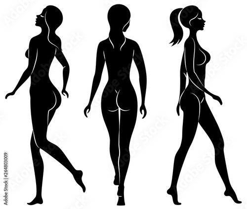 Collection. Silhouettes of lovely ladies. Beautiful girls stand in different poses. The figures of women are feminine, naked and slender. Set of vector illustrations.