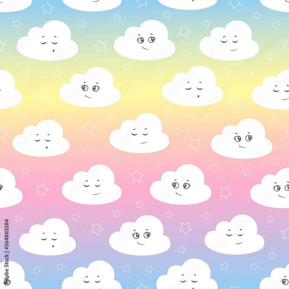 Children seamless pattern with cute clouds, stars on a multicolored background. vector illustration baby seamless pattern