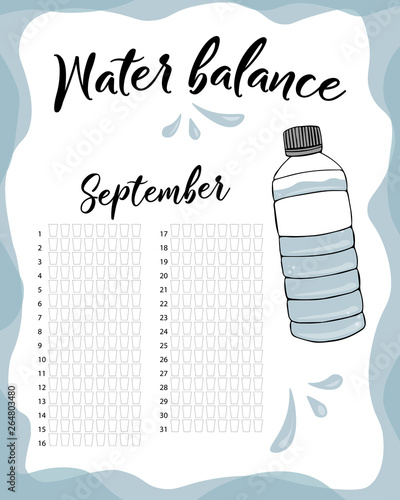 Water balance vector calendar. Water monthly tracker. Water consumption per week and month September