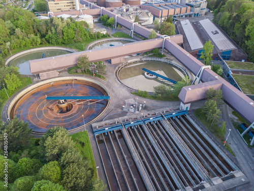 Aerial view of circular tank in wastewater treatment plant