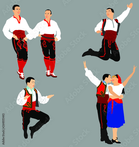 Balkan Dancers vector illustration isolated on background. Folk dance in Europe. Folklore artist in traditional dress. Wedding couple dance kolo. Happy people entertainment. East coulture.