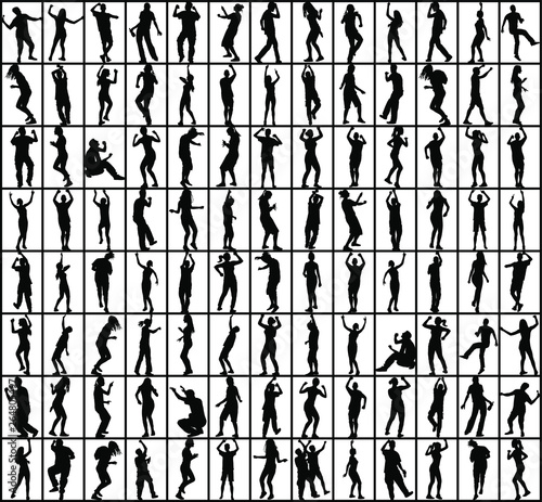Big group of Modern style party dancers vector silhouette illustration isolated on white. Sexy hip hop lady. Gangsta rap. Set of Dancer people girls and boys. Nightlife party concept. Disco club event