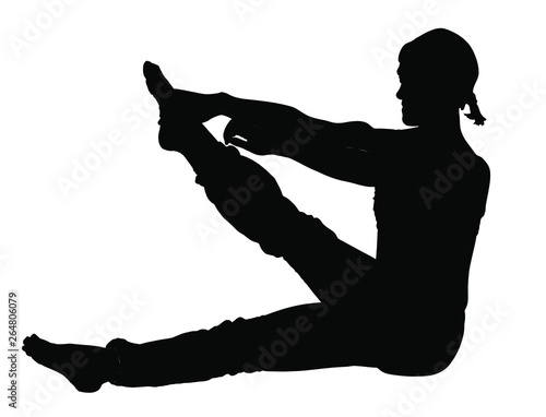 Woman exercises yoga, Yoga pose vector silhouette illustration isolated on white background. Young woman morning practice in gym. Ballet girl pose.Work out, warming up, spirit exercise.