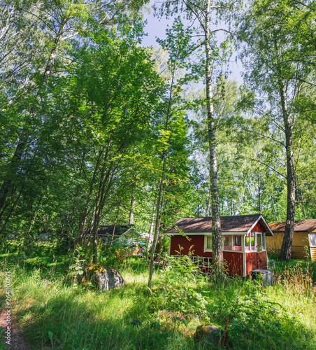 Summer rural landscape of the suburbs of Helsinki  Finland. Traditional wooden cabins at the forest.