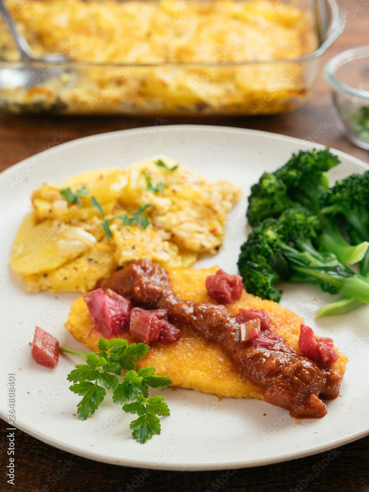 Vegan Schnitzels with Rhubarb Tomato Sauce and Potato gratin Vegan Schnitzels with Rhubarb Tomato Sauce and Potato gratin
