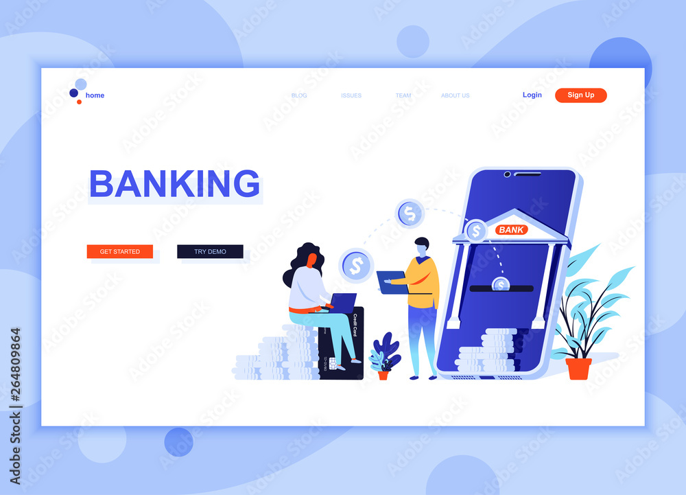 Modern flat web page design template concept of Online Banking decorated people character for website and mobile website development. Flat landing page template. Vector illustration.