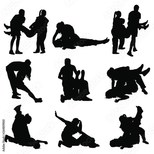 Paramedic rescue patient first aid vector silhouette. Woman in unconscious drowning. Drunk person overdose. Snake attack victim rescue. CPR rescue team. Victim of fire evacuation. Earthquake rescue 