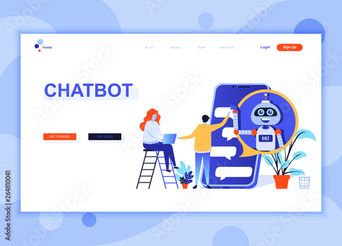 Modern flat web page design template concept of Chat Bot and Marketing decorated people character for website and mobile website development. Flat landing page template. Vector illustration.