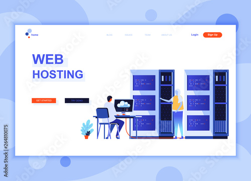 Modern flat web page design template concept of Web Hosting decorated people character for website and mobile website development. Flat landing page template. Vector illustration.