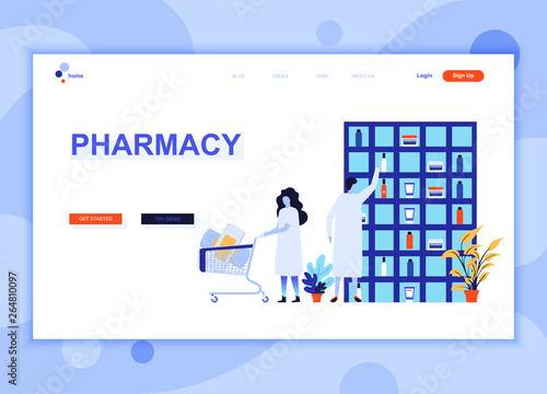 Modern flat web page design template concept of Pharmacist in Pharmacy decorated people character for website and mobile website development. Flat landing page template. Vector illustration.