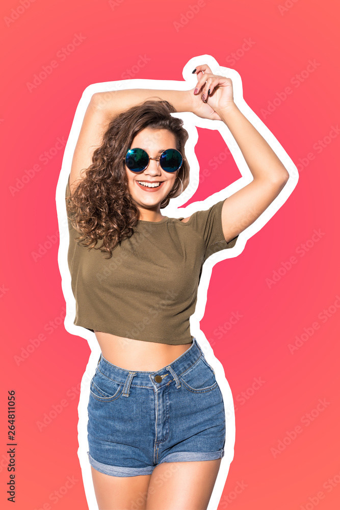 Collage of young woman in sunglasses with hands up relaxing isolated on coral background Collage of young woman in sunglasses with hands up relaxing isolated on coral background
