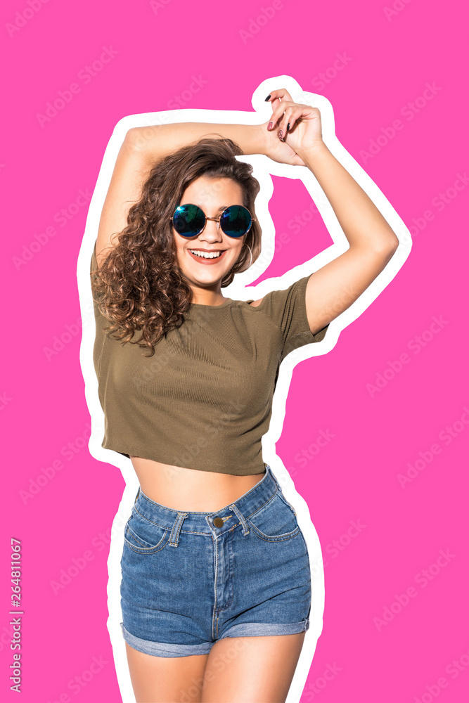 Collage of young woman in sunglasses with hands up relaxing isolated on pink background Collage of young woman in sunglasses with hands up relaxing isolated on pink background