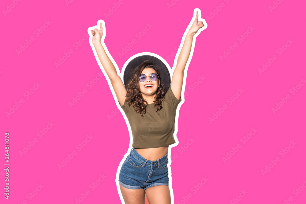 Collage Portrait of young woman raised hands of victory on pink background Collage Portrait of young woman raised hands of victory on pink background