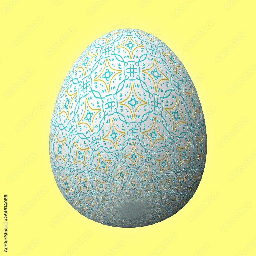 Happy Easter - Frohe Ostern, Artfully designed and colorful easter egg, 3D illustration on yellow background