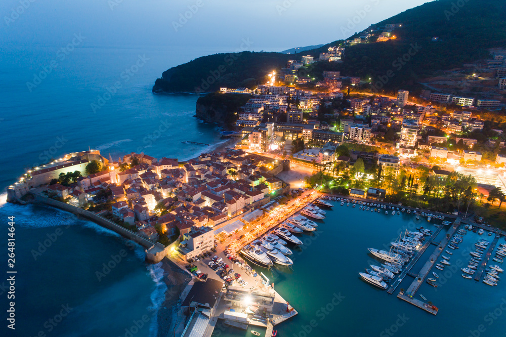 aerial view of the Old Town Budva at night