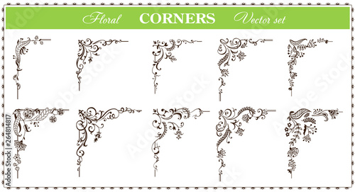 Calligraphic floral frame and page corners set. Vector illustration. Vector of decorative vertical element, border and frame.