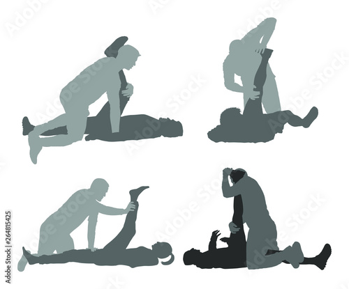 Physiotherapist and patient exercising in rehabilitation center, vector silhouette. Doctor supports sportsman during physiotherapy treatment. Physical exercises massage and chiropractic. Healthcare.