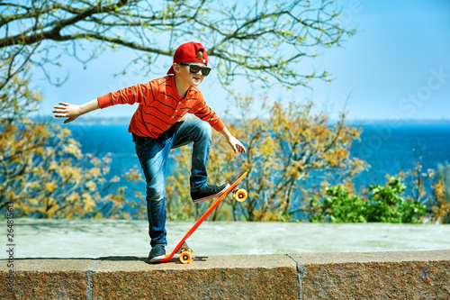 boy on a skateboard in the Park . a child learns to ride a Board