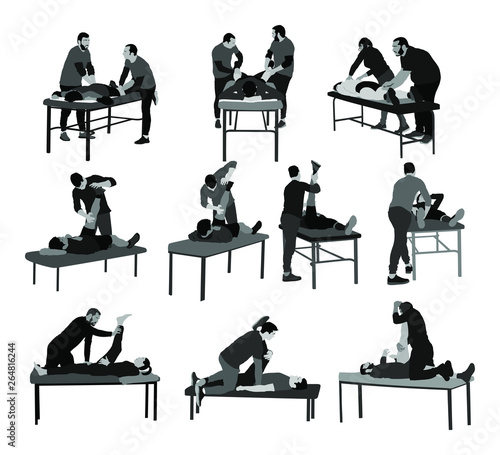 Physiotherapist and patient exercising in rehabilitation center, vector illustration. Doctor supports sportsman during physiotherapy treatment. Physical exercises massage and chiropractic. Healthcare.