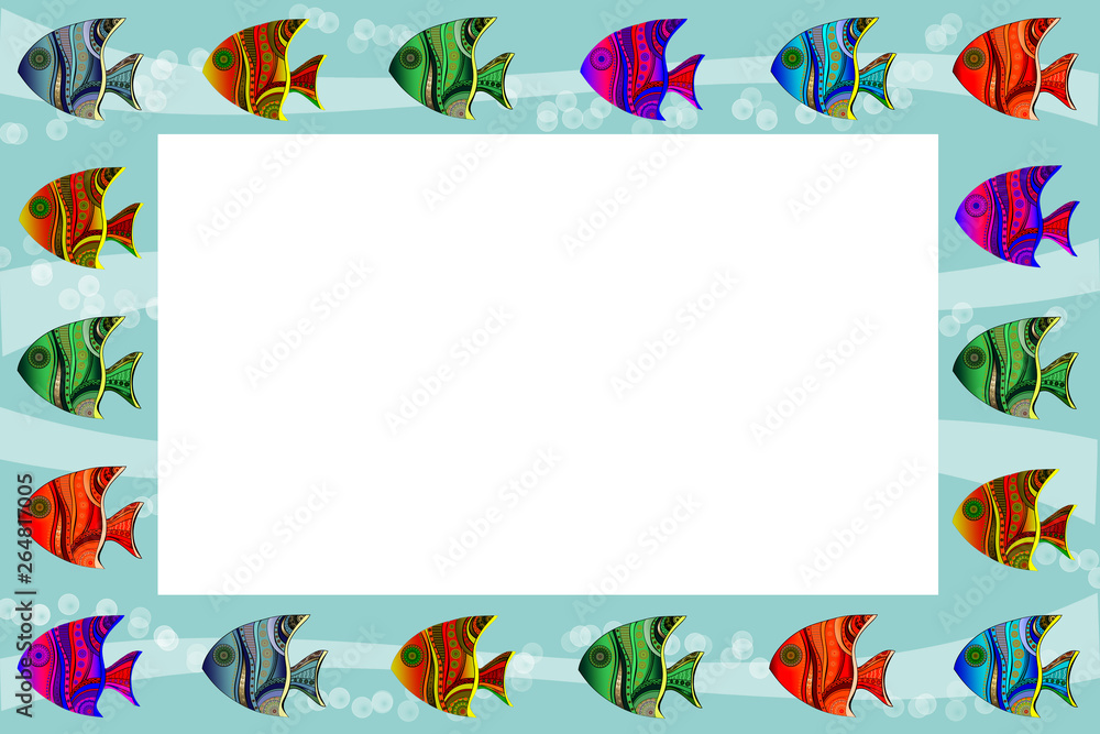 Fototapeta premium turquoise frame with colored patterned fish close-up
